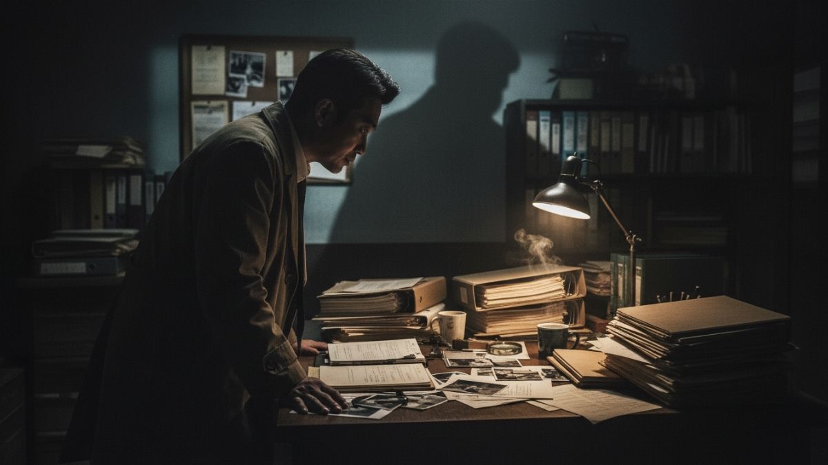 탐정사무소 테이블 위 정리된 문서 